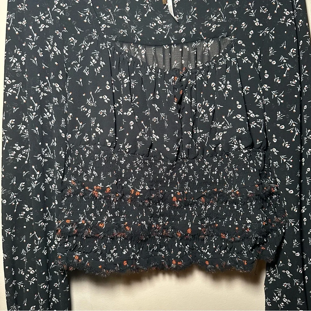 Free People Floral Black Women's Smocked Ruffled Cutout Front Tie Blouse Large